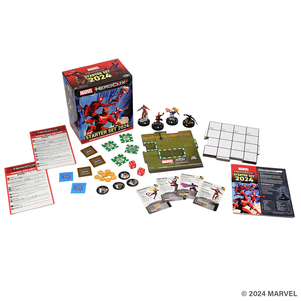 Marvel HeroClix 2024 Starter Set unboxed: box, superhero miniatures, game board, cards, tokens, and dice