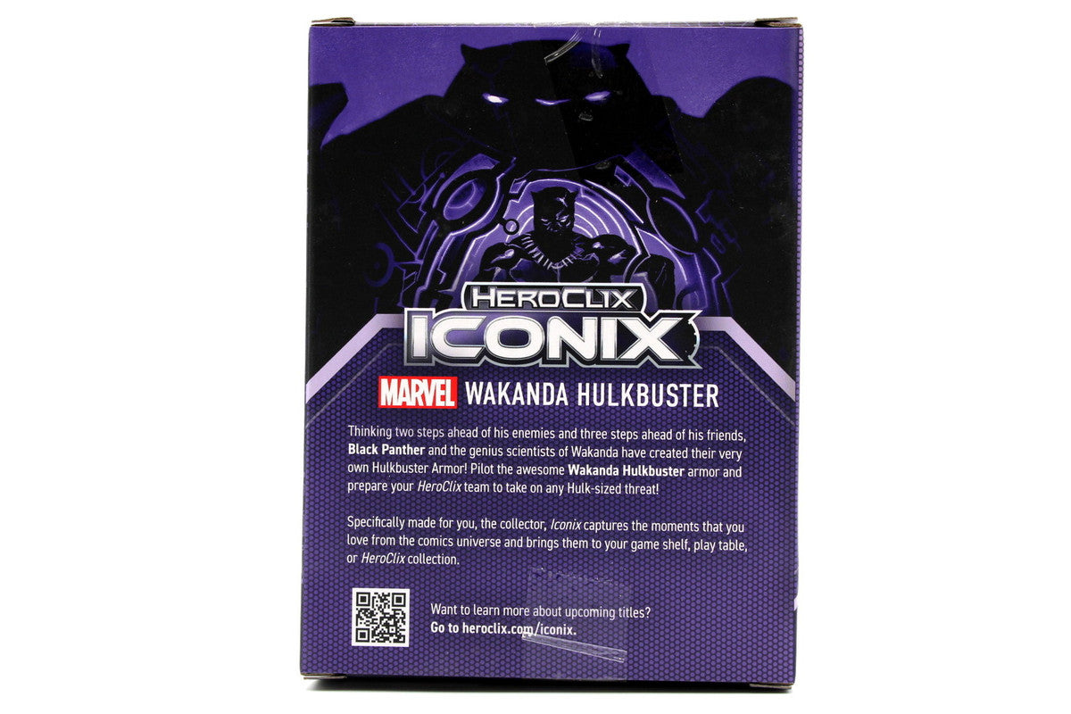 Back of a purple HeroClix Iconix Marvel Wakanda Hulkbuster box, featuring Black Panther in armor