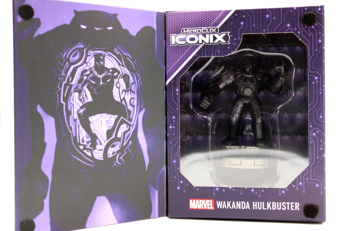 Marvel Heroclix Wakanda Hulkbuster figure in purple gatefold packaging, Left: Black Panther art, Right: Dark armored figure in plastic