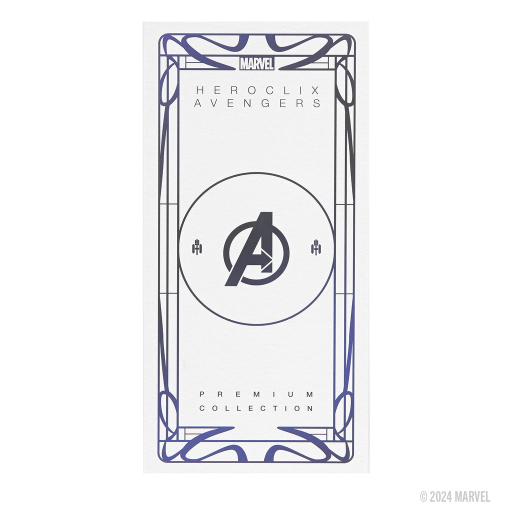 Marvel HeroClix: Avengers - Hellfire Gala Premium Collection 2 box with purple Art Deco border and centered Avengers "A" logo