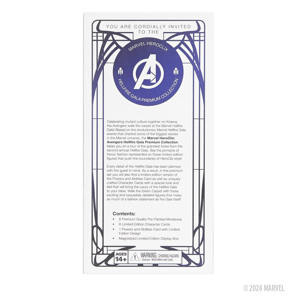 Back of Marvel HeroClix: Avengers - Hellfire Gala Premium Collection 2 box, featuring Avengers logo and product details