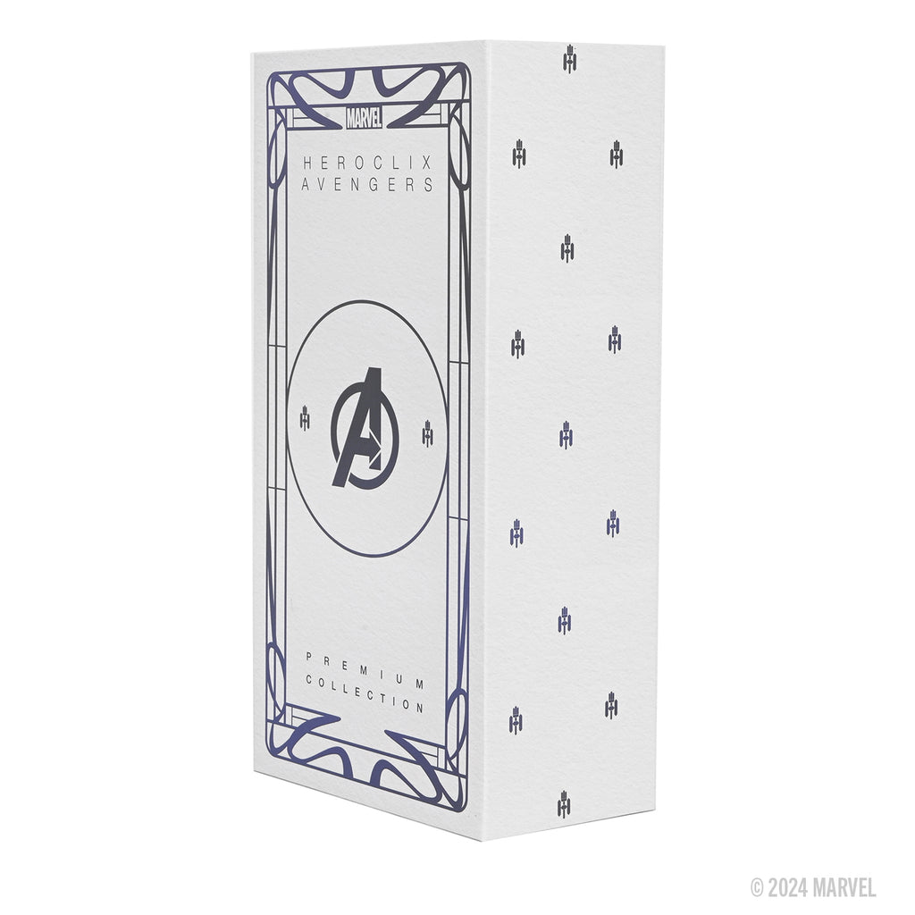 White Marvel HeroClix Avengers Premium Collection box, featuring a large Avengers 'A' logo on the front and smaller logos on the side