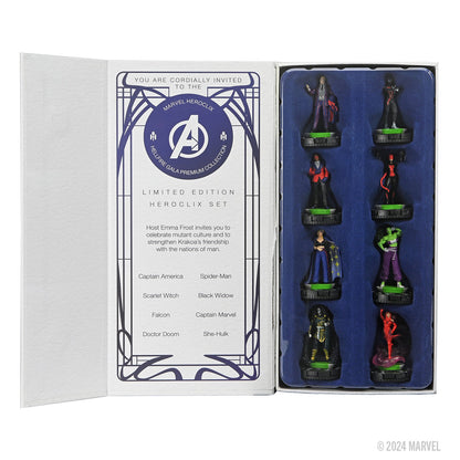 An open Marvel HeroClix: Avengers - Hellfire Gala Premium Collection set, showing an invitation card on the left and 8 character miniatures on the right