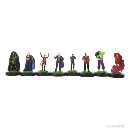 Eight colorful Marvel miniatures, including She-Hulk and Scarlet Witch, stand in a row on black bases