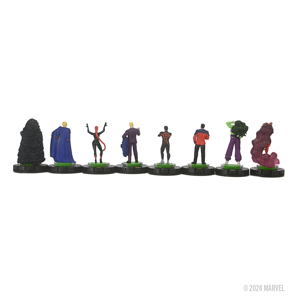 A row of eight diverse Marvel collectible figures, seen from behind on their bases