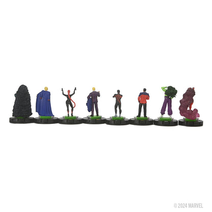 A row of eight diverse Marvel collectible figures, seen from behind on their bases