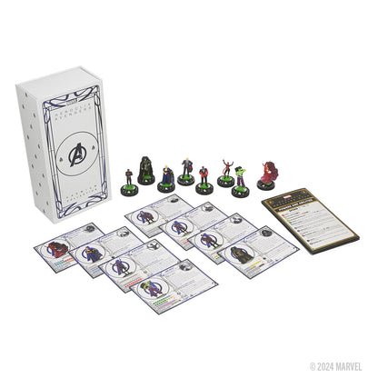 Marvel HeroClix: Avengers - Hellfire Gala Premium Collection 2 box, 8 superhero miniatures, and character cards laid out
