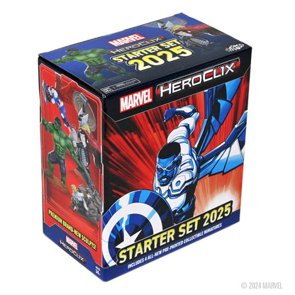 A box for the Marvel HeroClix Starter Set 2025 showing a blue and white winged character with a shield, Hulk, and Thor