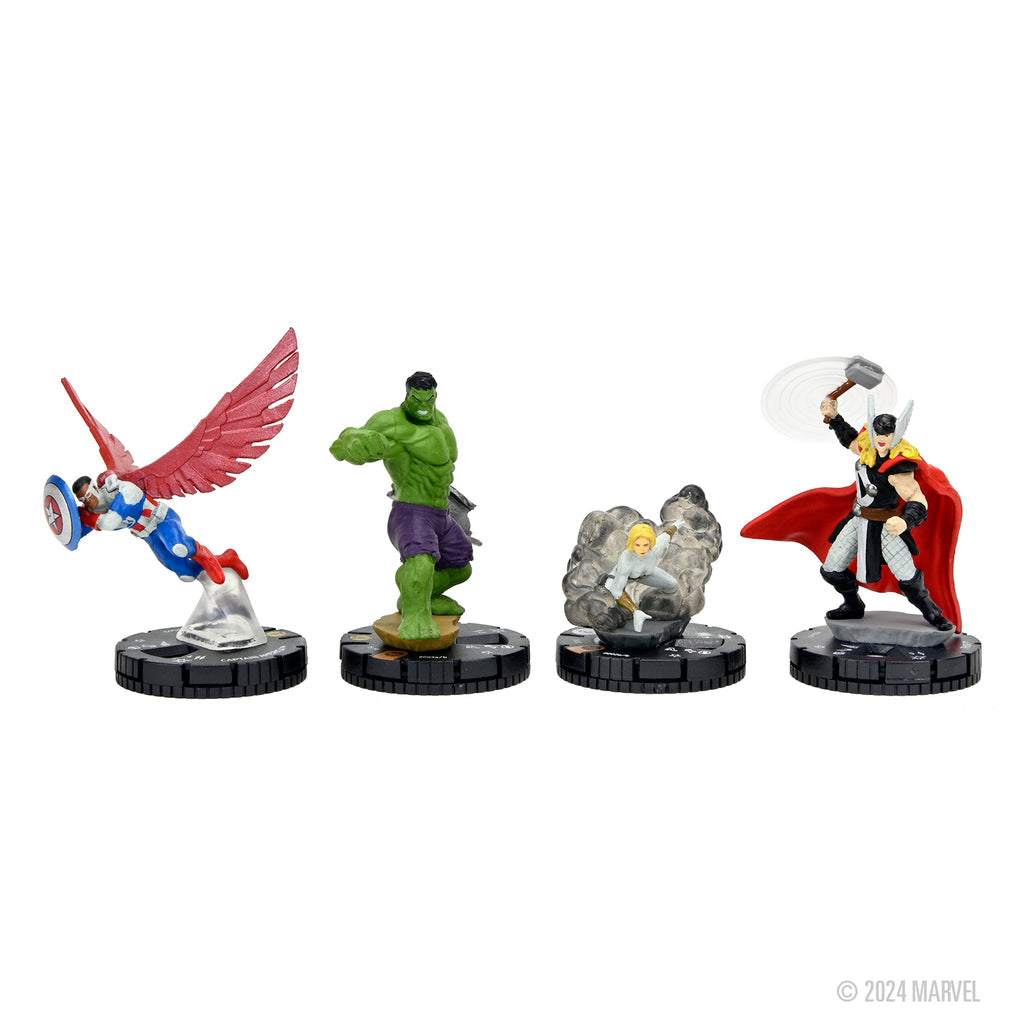 Four miniature collectible figures of Falcon, Hulk, Invisible Woman, and Thor on a white background