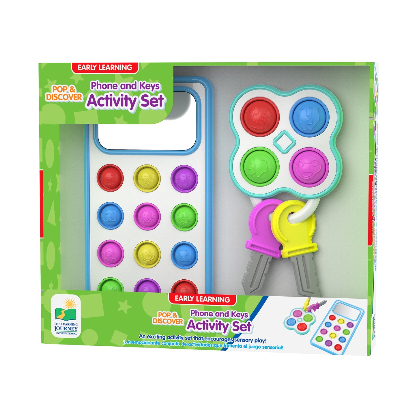Boxed toddler sensory toy: Pop & Discover phone with colourful buttons and a keychain set with pop-it fob and plastic keys