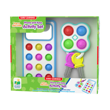 Boxed toddler sensory toy: Pop & Discover phone with colourful buttons and a keychain set with pop-it fob and plastic keys