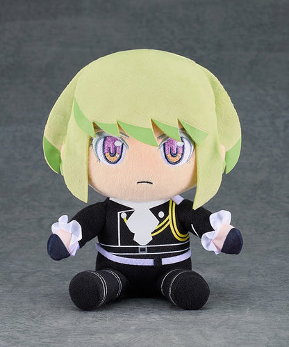 Plush toy of anime character with green hair, purple eyes, black uniform sitting on color background
