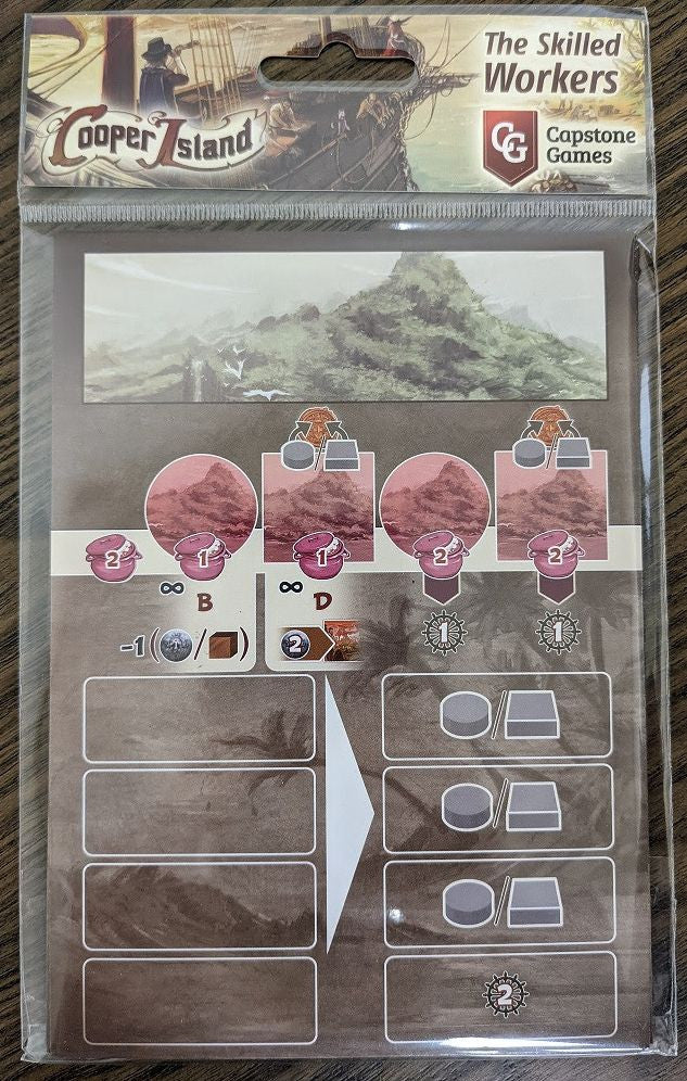 Cooper Island The Skilled Workers board game expansion components including character tokens resource tiles and action spaces