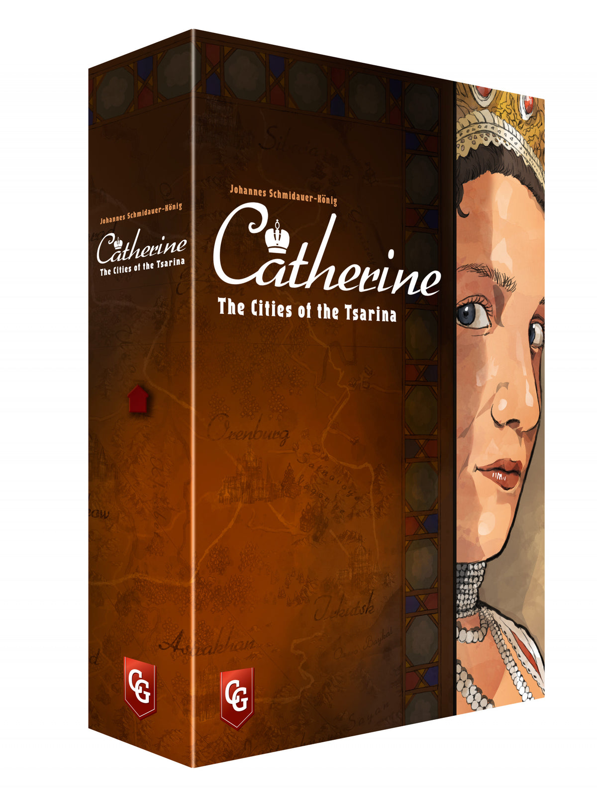 Catherine The Cities of the Tsarina board game box featuring a map game logo and portrait of a woman