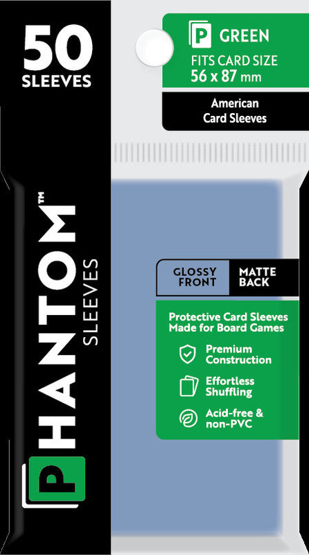 Phantom Sleeves, 50 count green American board game card sleeves 56 x 87mm