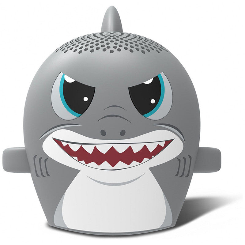 Grey shark-shaped portable Bluetooth speaker with blue eyes and white teeth