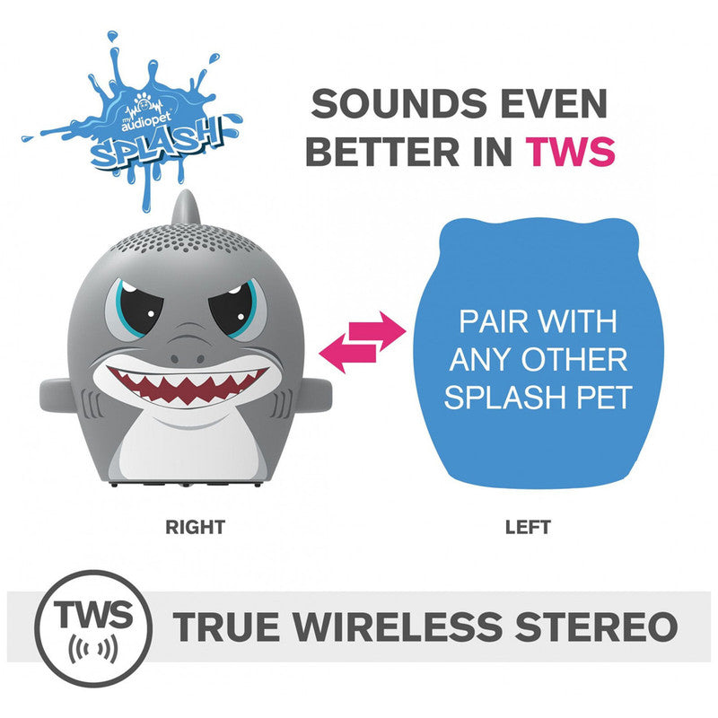 Gray shark-shaped Bluetooth speaker from the Audiopet Splash collection highlighting TWS pairing capability