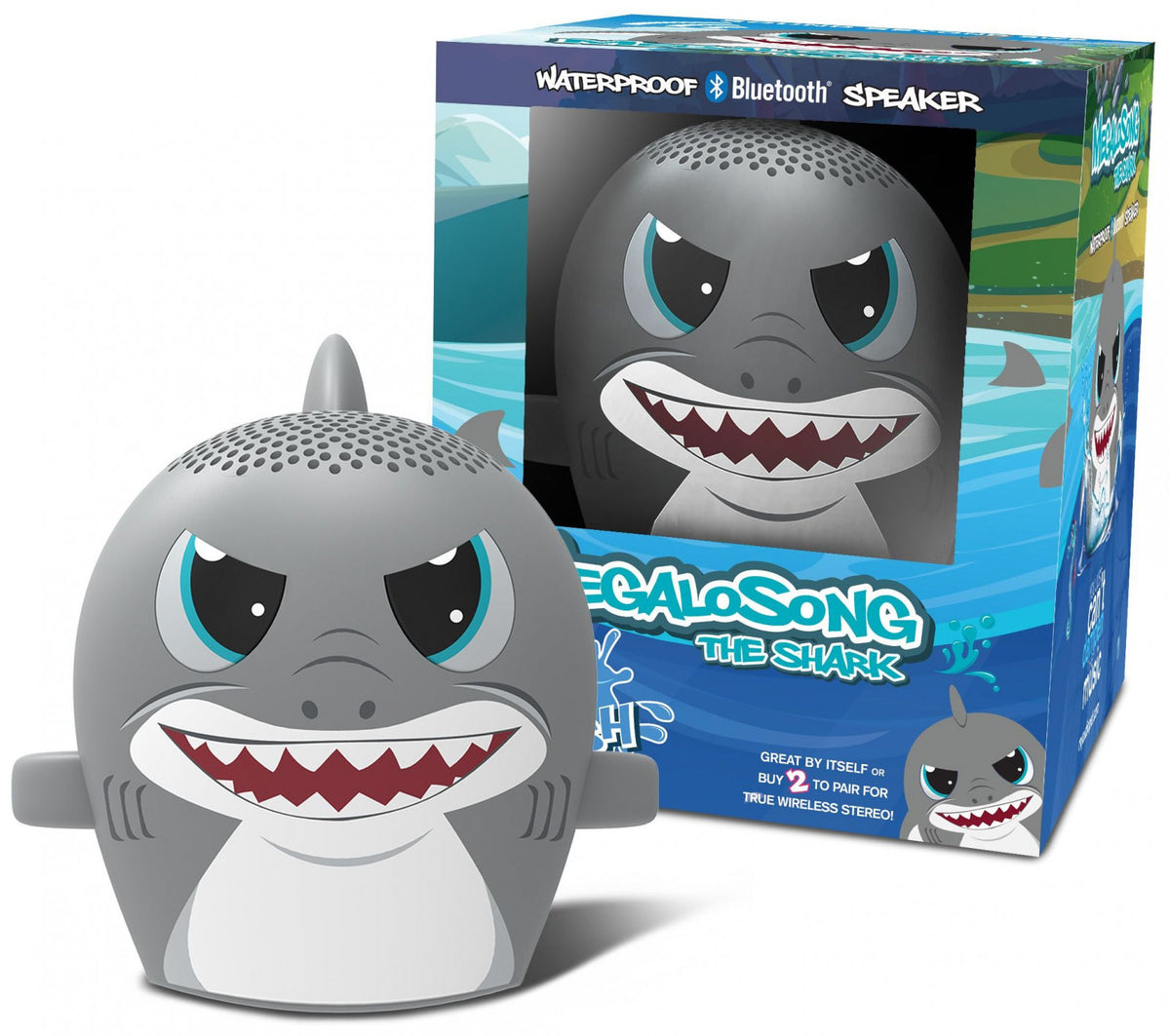 Megalosong The Shark waterproof Bluetooth speaker with box showing front window view