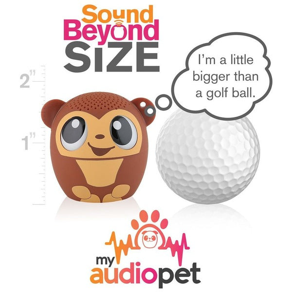 My Audio Pet mini portable Bluetooth speaker in brown monkey design shown next to a golf ball for scale