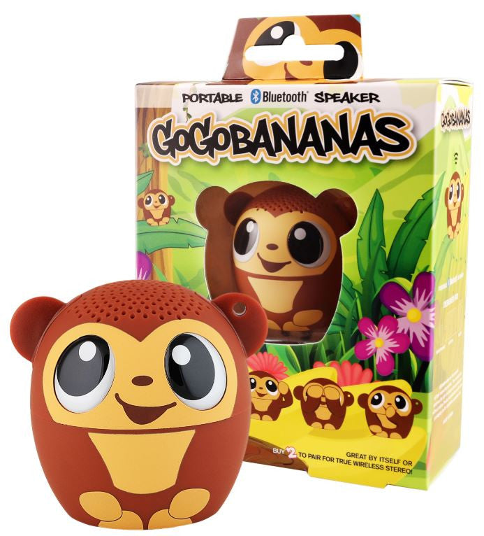GoGoBananas portable Bluetooth speaker and packaging box showing monkey face design