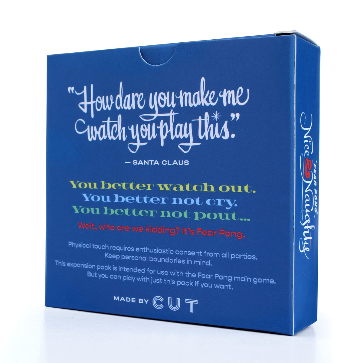 Angled back view of Fear Pong Nice &amp; Naughty Expansion Pack box with detailes