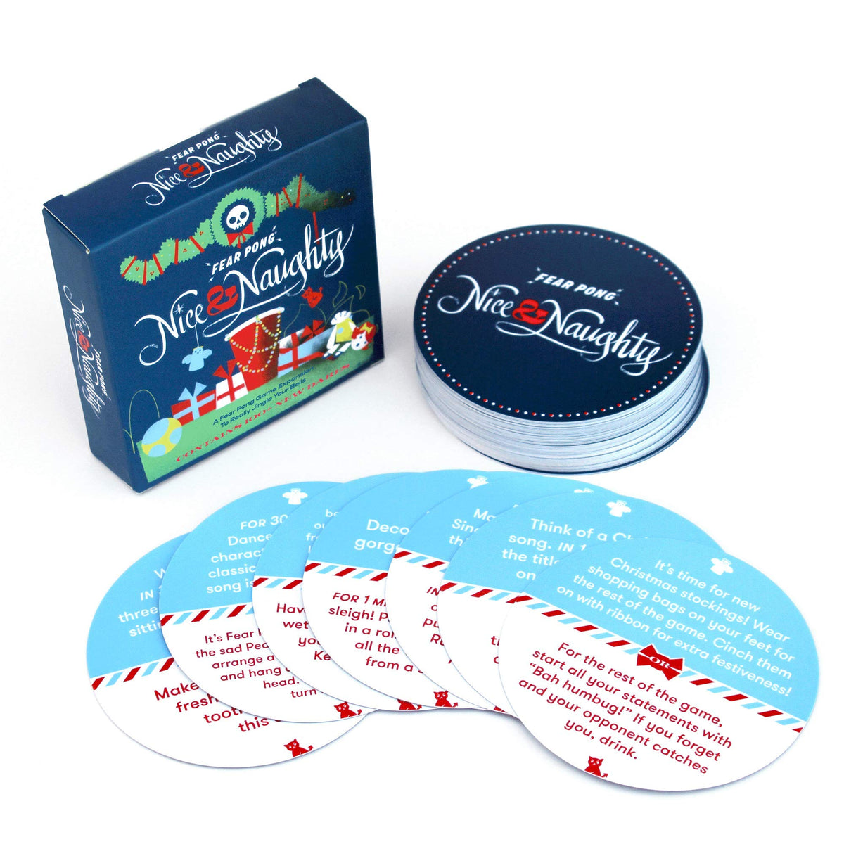 Expanded view of Fear Pong Nice &amp; Naughty Expansion Pack contents including cards and instructions
