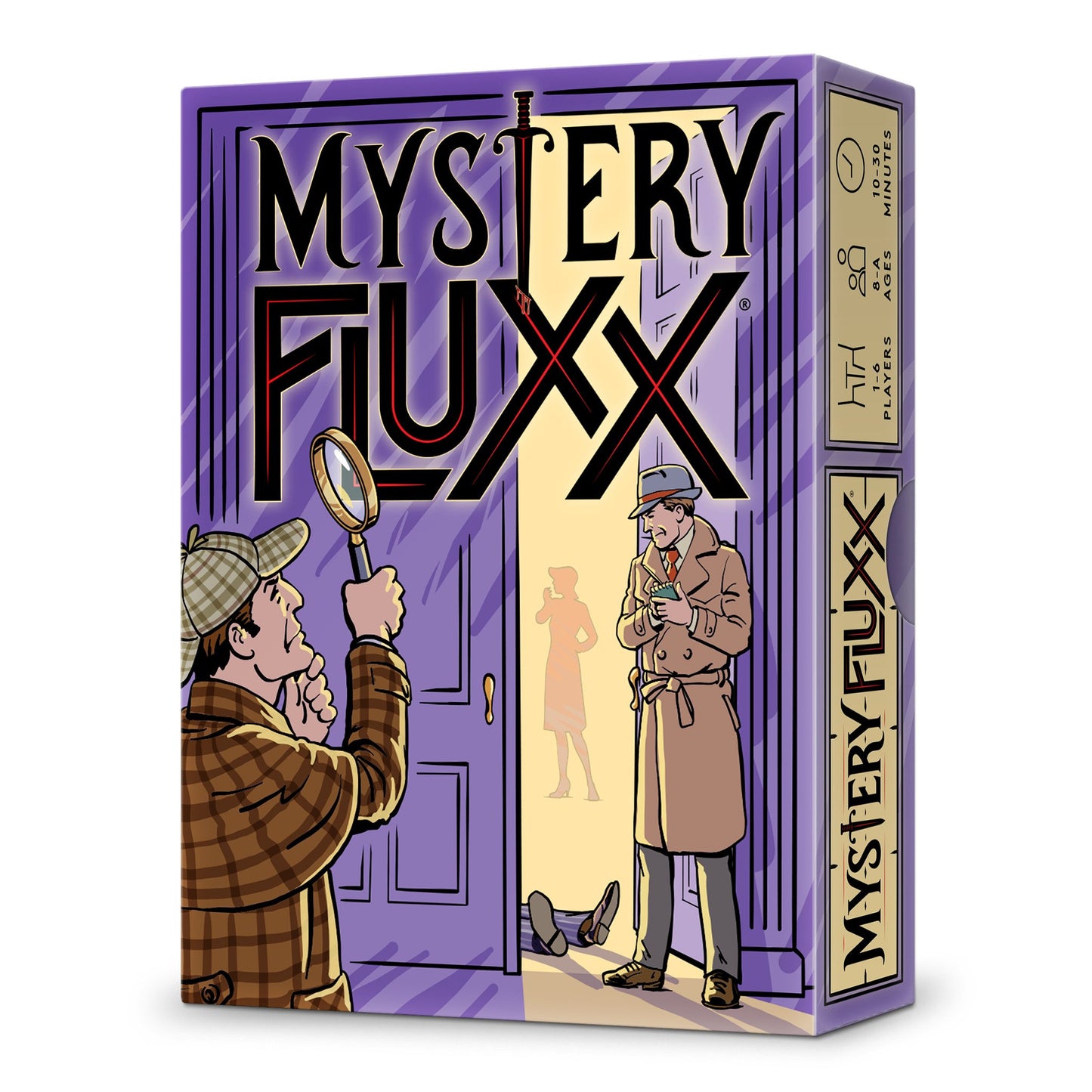 The Mystery Fluxx card game box features two detectives, one with a magnifying glass, investigating a purple doorway, with play details showing 1-6 players, ages 8+, and 10-30 minutes