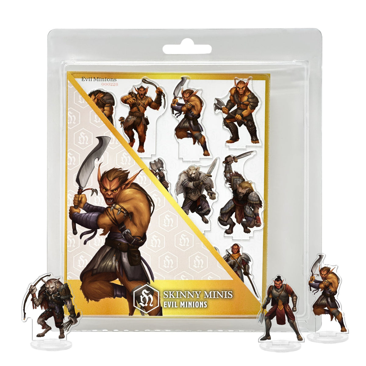 Skinny Minis Evil Minions collectible fantasy figures set featuring eight unique character designs including armored goblins and fierce beasts on clear acrylic stands