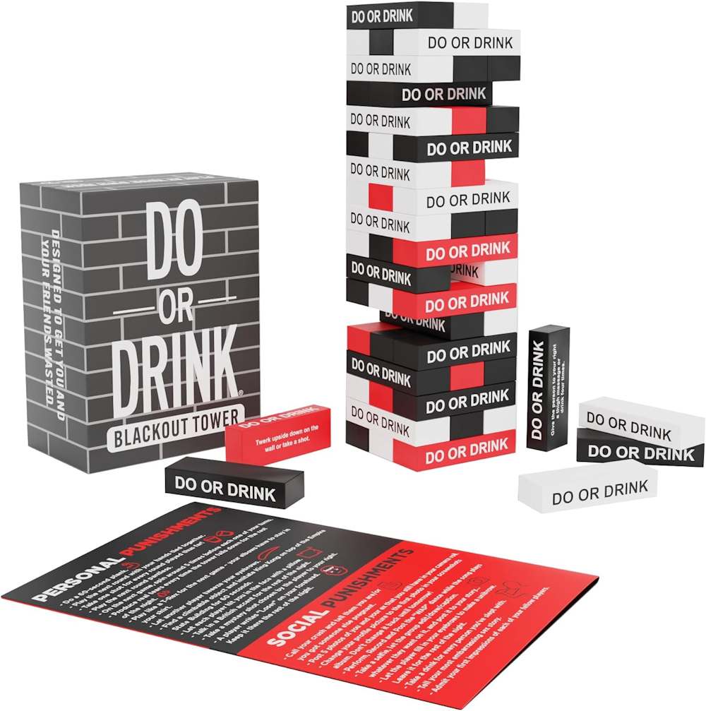 Do or Drink party game setup with blocks and drink-themed tasks