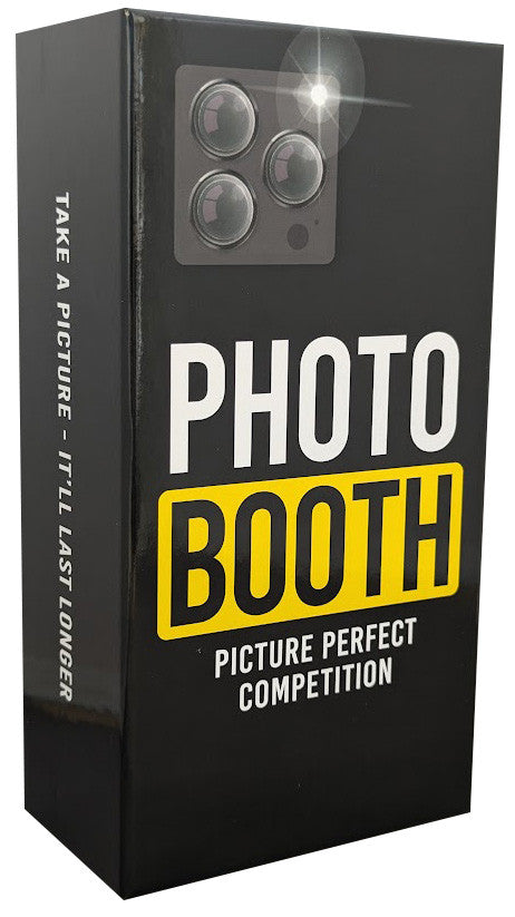 Black and yellow box for Photo Booth Picture Perfect Competition a card game featuring an illustration of a camera lens setup and the words TAKE A PICTURE - IT'LL LAST LONGER on the side