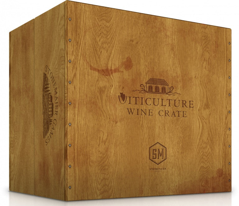 Rustic wooden crate for Viticulture board game, featuring winery icon and Stonemaier Games branding