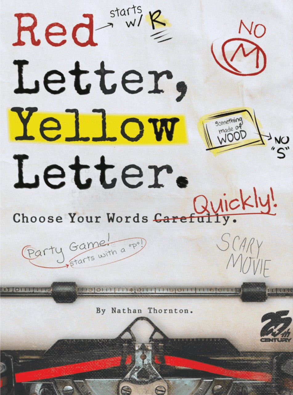 Game cover for &#39;Red Letter, Yellow Letter&#39; by Nathan Thornton, features typewritten main title, handwritten word game clues, and a typewriter mechanism
