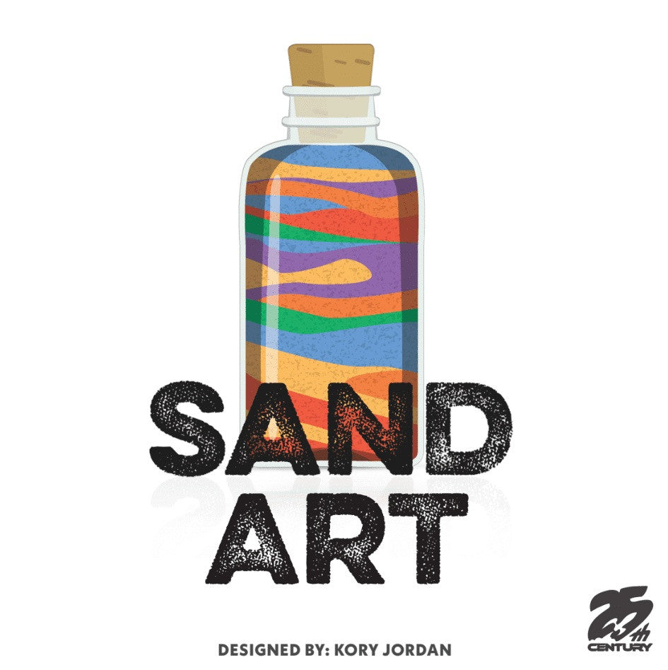 Colorful layered sand art in a corked glass bottle, bold text reads 'SAND ART'