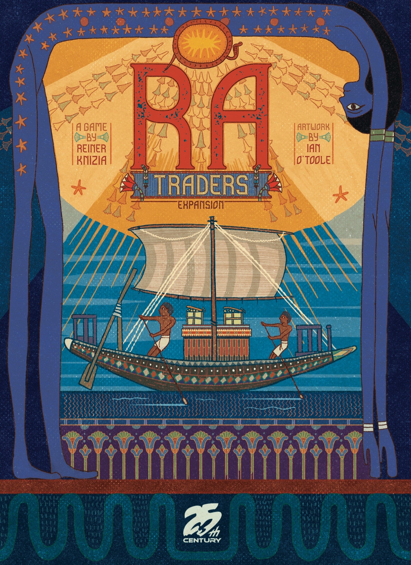 Egyptian-style art: Boat with two figures transporting cargo on water, flanked by tall blue gods. Text: RA Traders