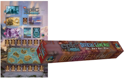 The "Epic Vikings Official Game Mat" featuring card placement zones and island map art, displayed with its storage box