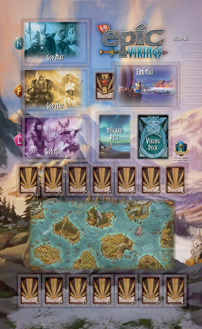 Board game setup for Tiny Epic Vikings, showing the island map, God mats, and various card components