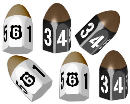 Six dice shaped like bullets three black showing 3 4 5 in white three white showing black Route 61 shield and 5 6 1