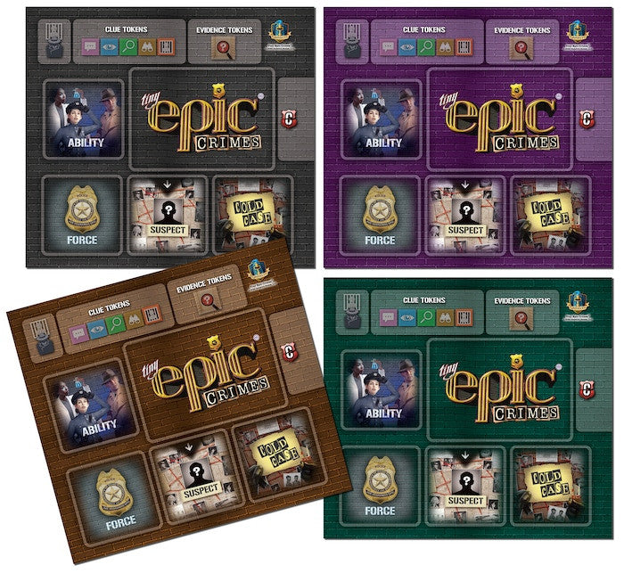 Tiny Epic Crimes Player Mats 4 Pack displaying black purple brown and green crime scene boards with ability force suspect and cold case areas
