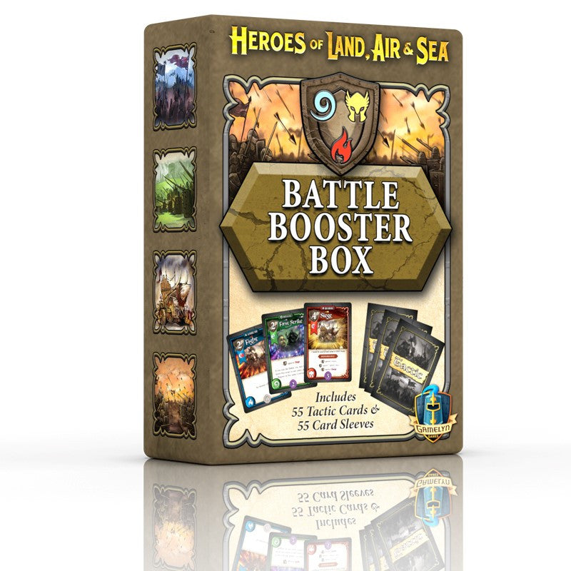 Front view of the Heroes of Land, Air & Sea: Battle Booster Box showing vibrant fantasy artwork with soldiers, magical effects, and the title prominently displayed at the top on a dark background