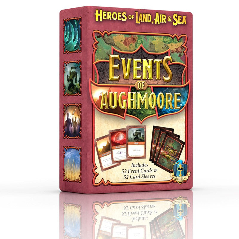 Box cover of Heroes of Land, Air & Sea: Events of Aughmoore mini expansion, featuring fantasy artwork of dramatic elemental forces and symbols representing in-game events
