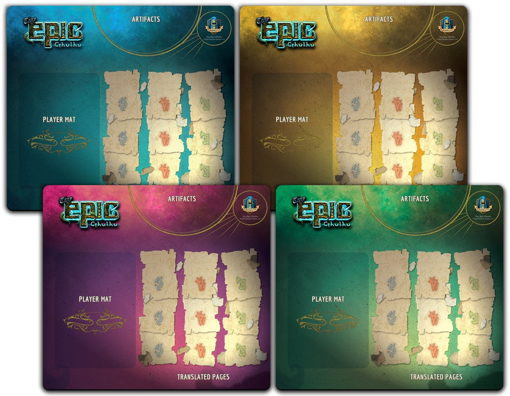 Four neoprene player mats for Tiny Epic Cthulhu featuring distinct character zones