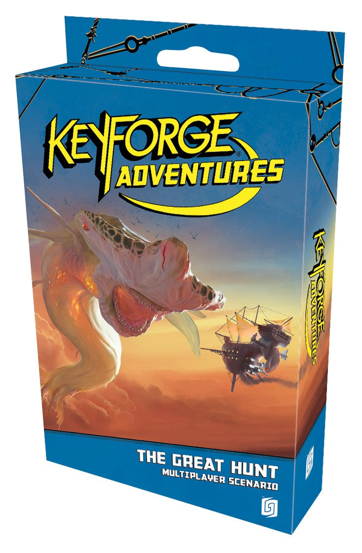 KeyForge Adventures The Great Hunt multiplayer scenario board game box featuring a monster and ship in the sky