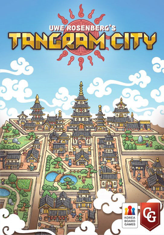 Tangram City board game box front featuring geometric shapes and a city skyline in minimalist design