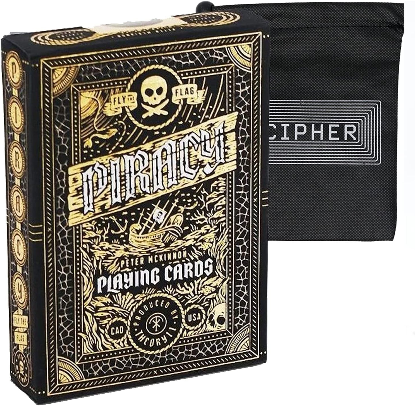 Black and gold Piracy playing cards tuck box next to a black "Cipher" drawstring bag