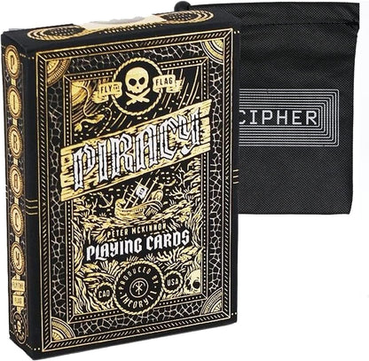 Black and gold Piracy playing cards tuck box next to a black "Cipher" drawstring bag