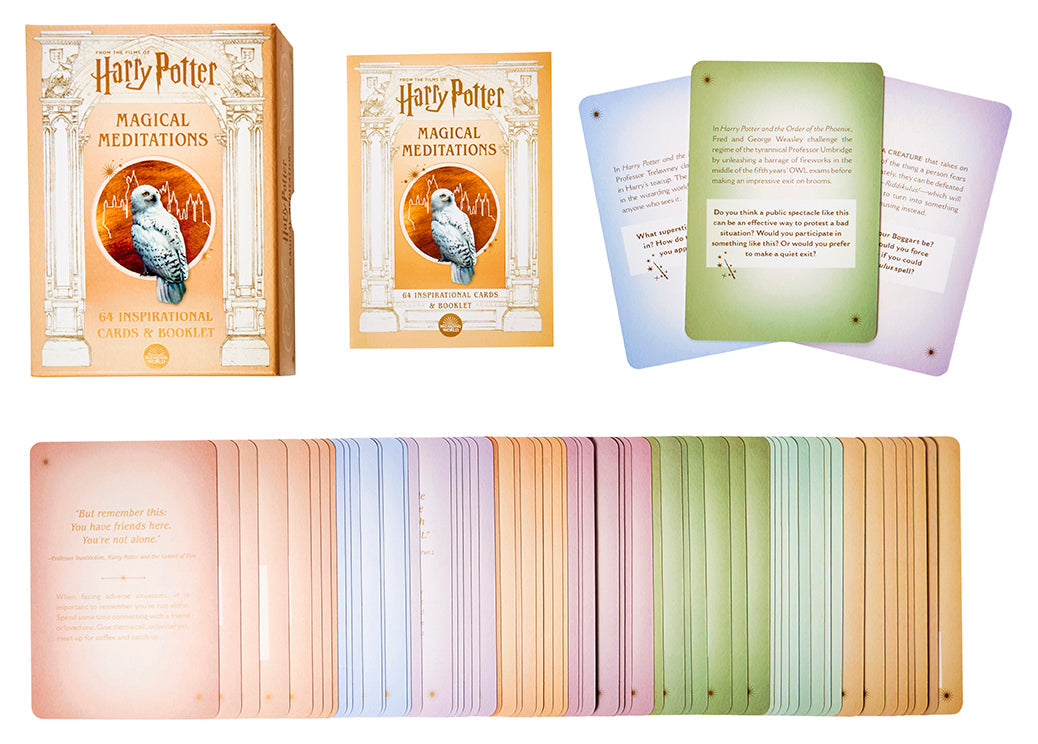 Harry Potter Magical Meditations box and booklet featuring a white owl, with colorful stacks of fanned inspirational cards