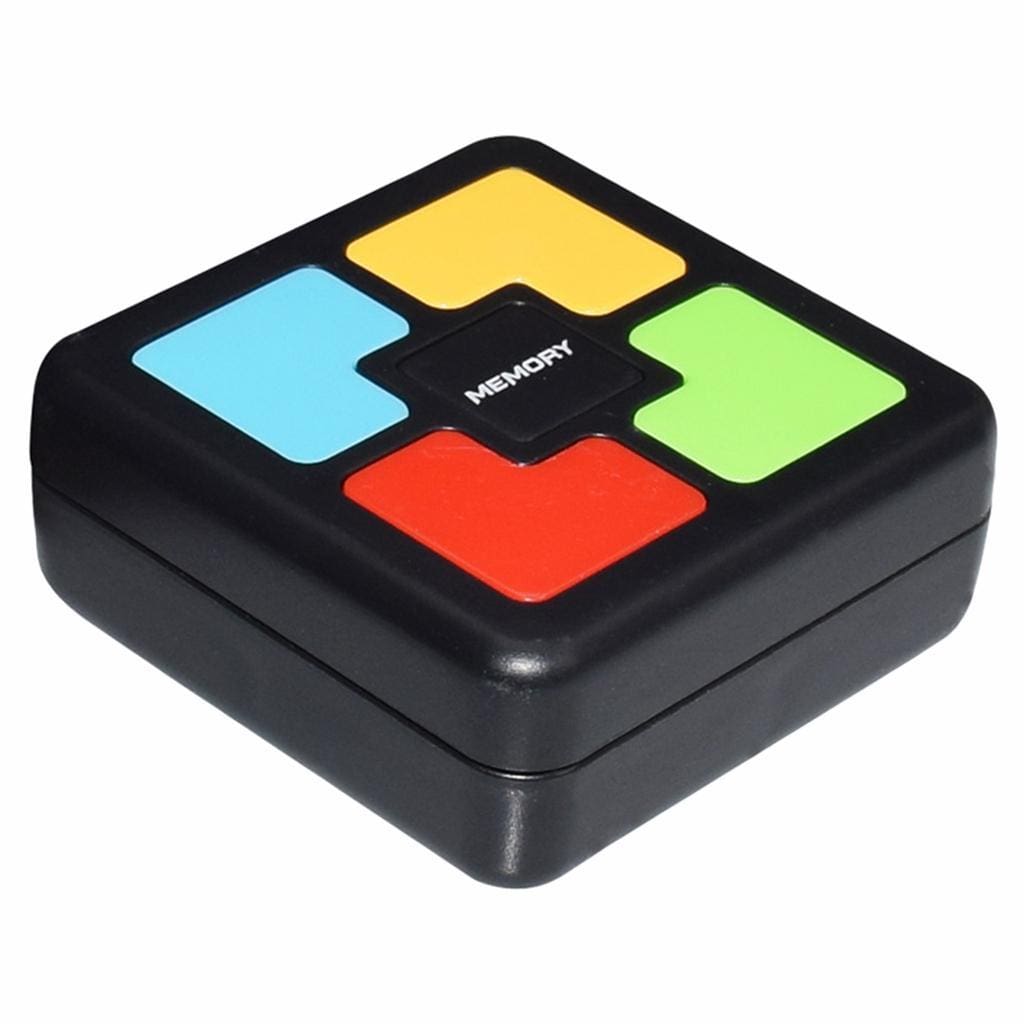 A black square handheld Light and Sound Memory Challenge game showing four color quadrants in red blue yellow and green