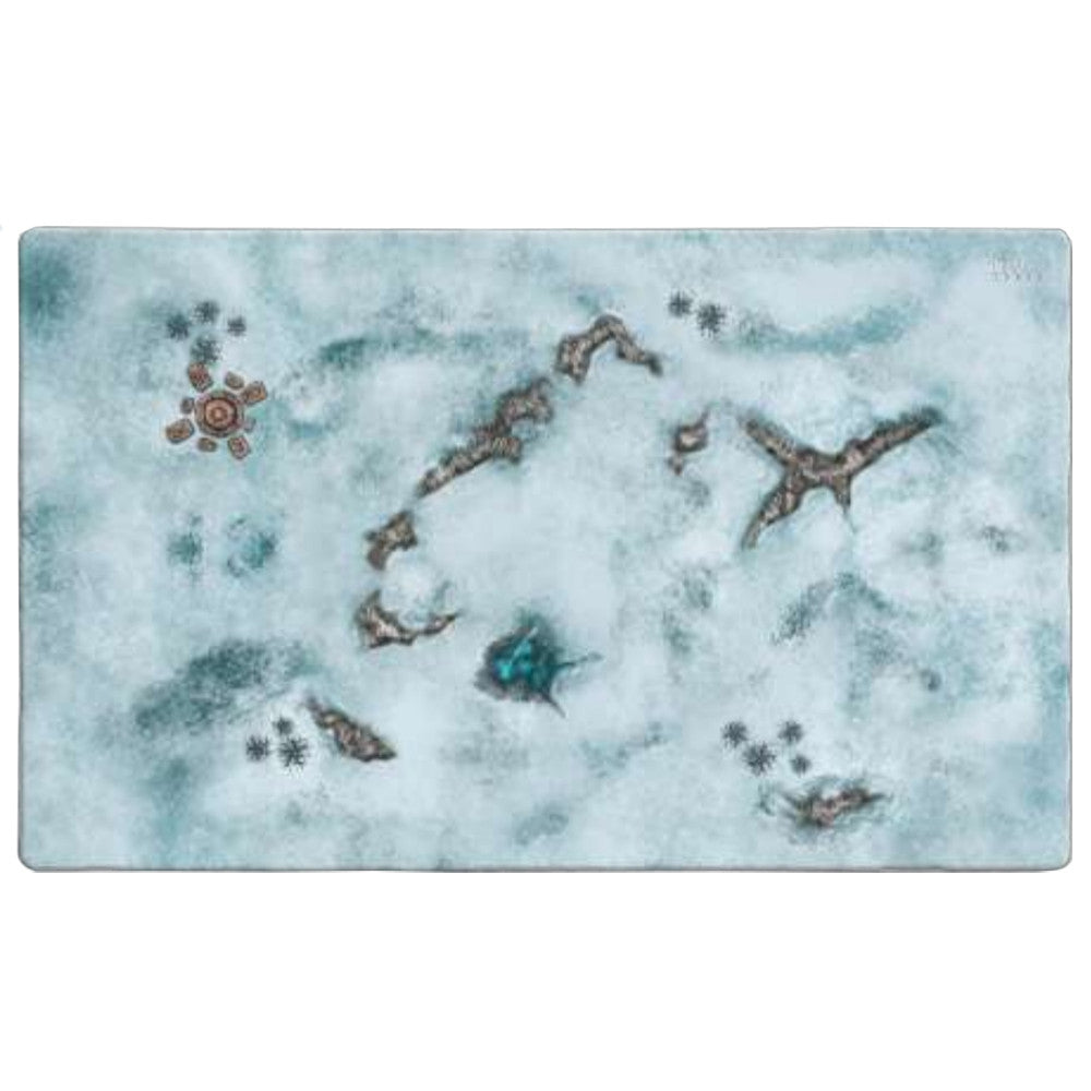 The Onus Traianus Snow playmat displays an icy blue and white frozen battlefield map with rocky islands and a detailed brown circular ruin structure