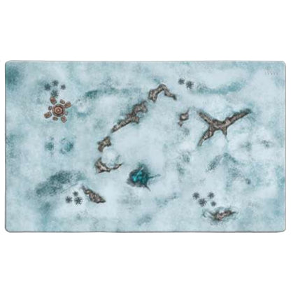 The Onus Traianus Snow playmat displays an icy blue and white frozen battlefield map with rocky islands and a detailed brown circular ruin structure