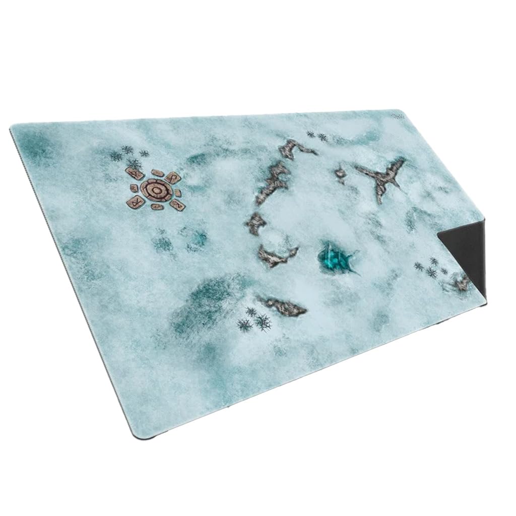 The snowy side of a game playmat depicts a cold, desolate terrain with central ruins, exposed rocks, and a prominent bright blue ice feature